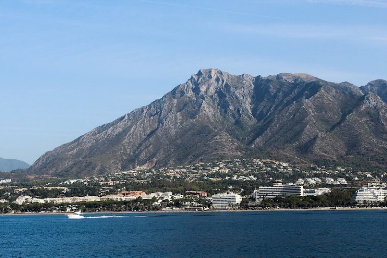 Sierra Blanca, Marbella, with La Concha mountain and Mediterranean Sea, showcasing luxury residences and resorts along the coast