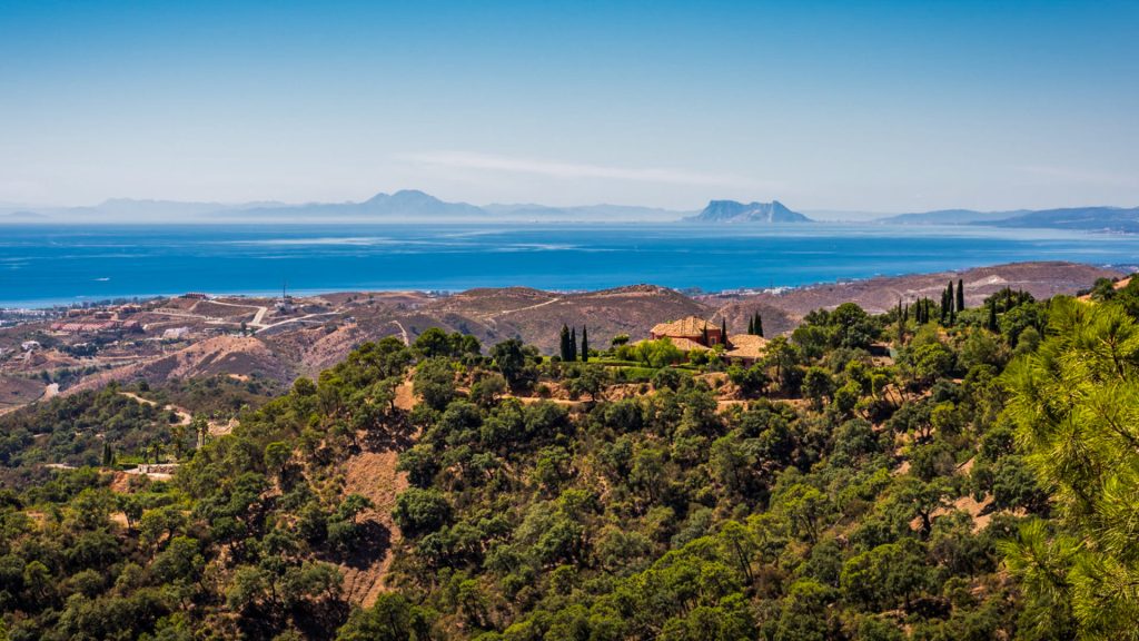 Lush greenery of Marbella's hills overlooking the serene Mediterranean Sea with clear skies, highlighting the region's natural beauty and tranquil lifestyle.