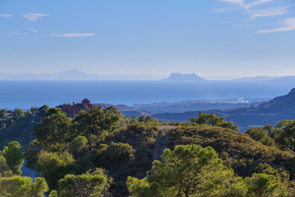 Lush greenery of Marbella's hills overlooking the serene Mediterranean Sea with clear skies, highlighting the region's natural beauty and tranquil lifestyle.
